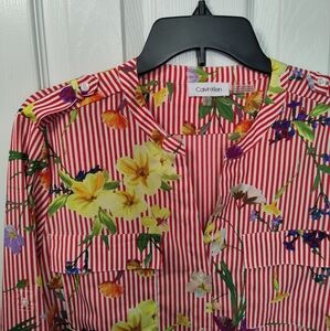 Calvin Klein Roll Tab Sleeve Button Up White & Red Vertical Striped Floral Shirt